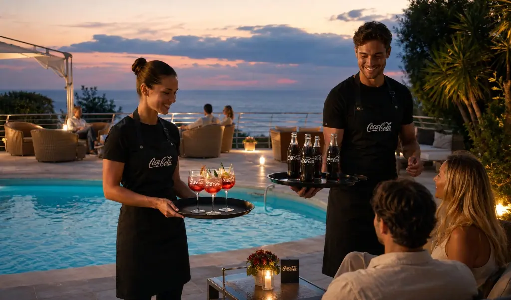 Hospitality staff wearing branded company t-shirts and aprons